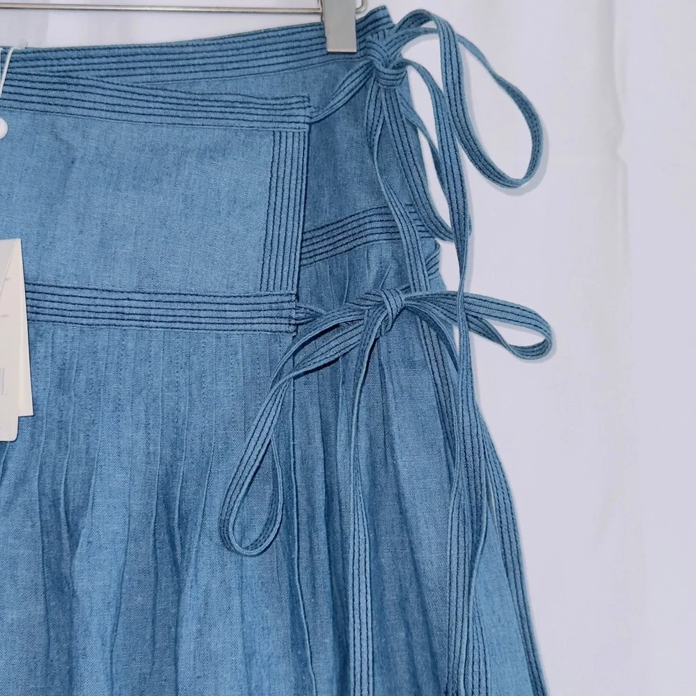 Tory Burch NWT Chambray linen blend pleated tiered wrap side tie midi skirt 6